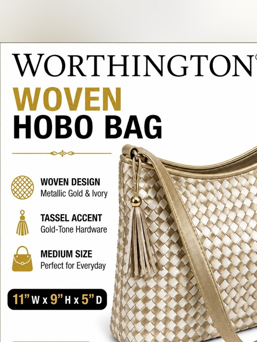Worthington Metallic Gold & Ivory Woven Hobo Bag